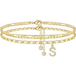 Ankle Bracelets for Women,14K Gold Plated Dainty Layered Chain CZ Initial Anklet